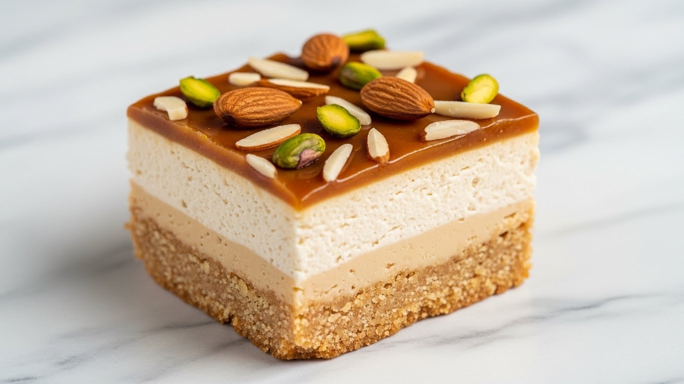 A square piece of dessert with three distinct layers is shown on a white marbled texture. The bottom layer is golden brown and crumbly, acting like a crust. The middle layer is thick, creamy, and light beige, resembling a soft mousse or custard. The top layer is a glossy caramel glaze that covers the dessert completely. On top of this shiny caramel layer, there are scattered whole almonds, halved pistachios, and some almond slices adding green and brown color with a shiny texture. Photo taken with an iphone --ar 4:5 --v 7