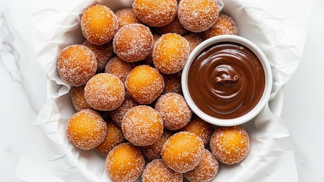 A white bowl lined with crumpled white paper holds around twenty small, golden-brown doughnuts covered in sugar, arranged in a pile. In the center, a small white cup filled with smooth, two-tone chocolate syrup—half light brown and half dark brown—sits among the doughnuts. A woman's hand is holding the bowl from the side. The background shows a soft white marbled texture and a textured cream knit cloth with sunlight casting warm shadows. Photo taken with an iphone --ar 4:5 --v 7