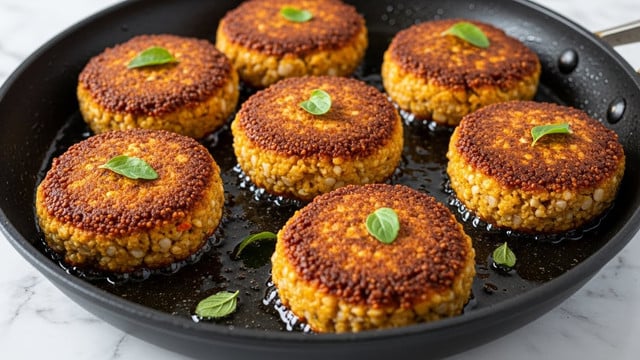 The image shows a white plate with a slightly rough blue texture on top, holding four golden brown, crispy sweet potato fritters. Each fritter is round with a rough, grated texture and garnished with small green herb pieces. A white bowl with an orange outside rim is placed on the plate’s top right, filled with creamy white sauce sprinkled with green herbs. The plate is set on a white marbled surface. photo taken with an iphone --ar 4:5 --v 7