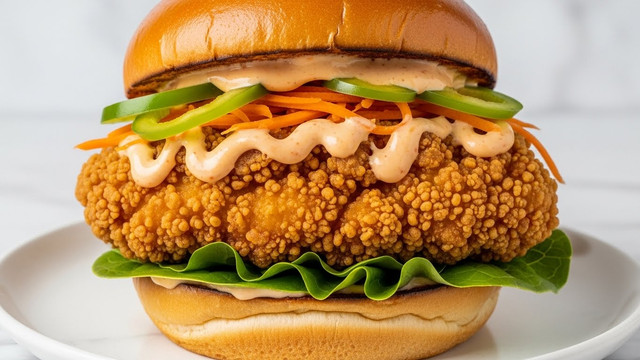 A close-up sandwich with four visible layers on a lightly toasted soft golden brown bun, resting on a plate with a white marbled surface. The bottom bun holds a layer of fresh green leafy lettuce, topped by a thick piece of crispy, golden brown fried chicken with a bumpy texture. Above the chicken is a creamy light orange sauce with darker specks drizzled over thin strips of green bell peppers and shredded carrots. The sandwich is finished with the top bun, which has a shiny smooth golden brown surface with slight toast marks. Photo taken with an iphone --ar 4:5 --v 7