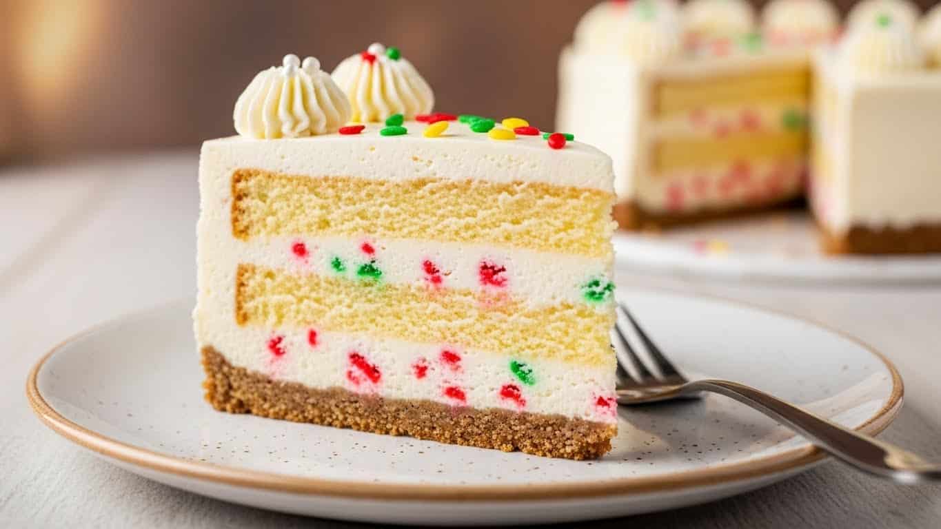 A slice of cake sits on a white speckled plate, showing four layers: the bottom layer is a thin, crumbly brown crust, above it is a thick, creamy white layer with small red and green sprinkles mixed inside, the third layer is a soft yellow cake, and the top is a smooth white frosting decorated with two small swirls of white cream and scattered red, green, and yellow round sprinkles. A silver fork rests beside the cake on the plate, and the background has a soft focus with warm tones and a wooden texture under the plate. photo taken with an iphone --ar 4:5 --v 7