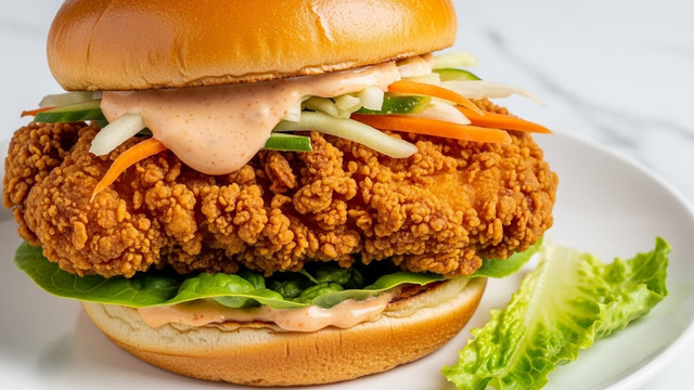 A close-up view of a fried chicken sandwich placed on a white plate with a white marbled surface. The sandwich has four main layers: the top bun is golden brown and slightly shiny with a soft texture; below it lies a creamy, light orange sauce with visible specks, spread over thin green and orange vegetable strips resembling slaw; the thick fried chicken piece is golden brown with a crunchy, craggy texture and irregular shape, taking up most of the sandwich's width; the bottom layer features fresh green lettuce leaves resting on a slightly toasted bottom bun that is light golden with a soft, fluffy inside. Some lettuce pieces are scattered loosely around the plate's edge. photo taken with an iphone --ar 4:5 --v 7