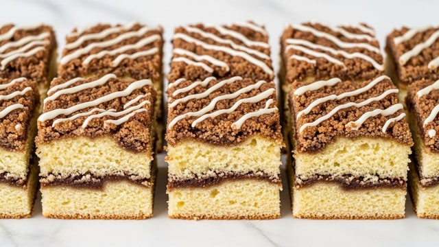 The image shows nine square pieces of coffee cake arranged closely on a white marbled surface, with the middle piece slightly lifted to reveal the inside layers. Each square has two main layers: a light, fluffy, pale yellow cake base and a thick, crumbly, dark brown cinnamon streusel topping. Between these layers, there is a thin, darker cinnamon swirl that runs horizontally through the cake. The top is drizzled with thin, uneven lines of white icing. The texture of the topping looks crispy and crumbly, contrasting with the soft cake beneath. photo taken with an iphone --ar 4:5 --v 7