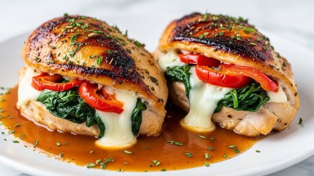The image shows a close-up of two stuffed chicken breasts on a white plate with a white marbled texture background. Each chicken breast has a golden-brown, slightly charred outer layer, glossy with herbs sprinkled on top. Inside, the chicken is filled with dark green spinach leaves, bright red bell pepper pieces, and melted white cheese that oozes slightly from the center. A rich, thick brown sauce pools around the base of the chicken, adding shine and color contrast, with scattered green herb bits for extra detail. photo taken with an iphone --ar 4:5 --v 7