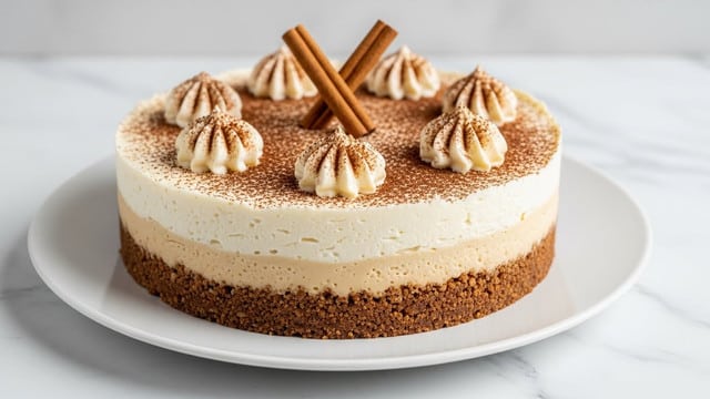 The image shows a cake with three visible layers on a white plate, placed on a white marbled background. The bottom layer is a crumbly, brown crust that looks crunchy. The middle layer is thick, creamy, and light cream colored with a smooth texture. The top layer has a dusting of brown powder, likely cinnamon or cocoa, and is decorated with five small swirls of white cream arranged in a circle in the center, topped with two whole cinnamon sticks standing upright. The lighting makes the cake look soft and inviting. Photo taken with an iphone --ar 4:5 --v 7
