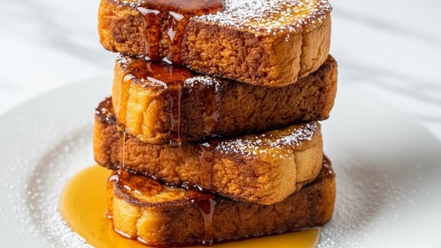 A close-up image showing four thick, square slices of French toast stacked unevenly on a white plate. The outer layer of each toast piece is golden brown with a crisp, slightly bubbly texture, while the inside appears soft and fluffy with a light yellow color. The top surfaces are drizzled with shiny amber syrup and lightly dusted with white powdered sugar, which adds a delicate sprinkle of contrast. Syrup pools slightly around the base of the toast on the plate, catching the light. The whole scene is set on a white marbled surface. photo taken with an iphone --ar 4:5 --v 7
