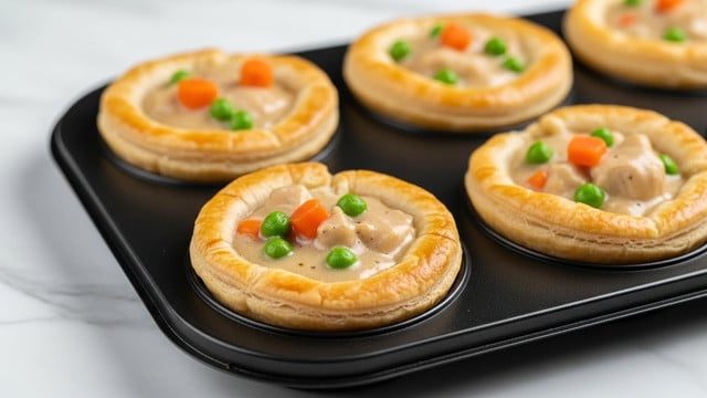 Four small chicken pot pies are placed on a black tray over a white marbled surface. Each pie has a thick, golden-brown, layered crust at the bottom with a slightly scalloped edge. The top crust is flaky and shiny with a rich golden color, one pie showing a small opening revealing a creamy filling with two bright green peas and a white piece of chicken inside. The pies are arranged close together, with soft light reflecting off their glazed crusts. photo taken with an iphone --ar 4:5 --v 7