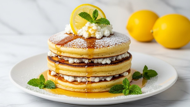 A stack of three golden-brown pancakes sits on a white plate with syrup pooling around the base. Each pancake is fluffy with slight browning on the edges and has a layer of white cottage cheese between them. The top pancake is dusted with powdered sugar, and a dollop of cottage cheese rests on top, garnished with a lemon slice and fresh green mint leaves. Small mint leaves are scattered around the syrup on the plate. The background has a white marbled texture with two whole yellow lemons placed blurred behind. photo taken with an iphone --ar 4:5 --v 7