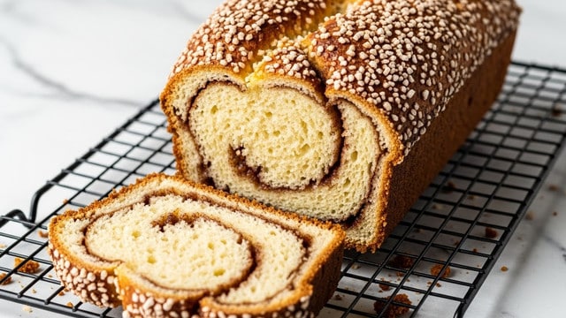 The image shows a loaf of cinnamon sugar bread resting on a black wire cooling rack, placed on a white marbled textured surface. The bread has one thick slice cut at the front, revealing its soft, light yellow inside with swirls of cinnamon brown running through the bread. The top crust is golden brown and sprinkled generously with coarse sugar crystals, adding a grainy texture that sparkles in the light. The loaf is textured with a slightly rough and crumbly surface, showing darker brown edges around the cinnamon swirls. Some crumbs are scattered around the wire rack, enhancing the fresh, homemade look. Photo taken with an iphone --ar 4:5 --v 7