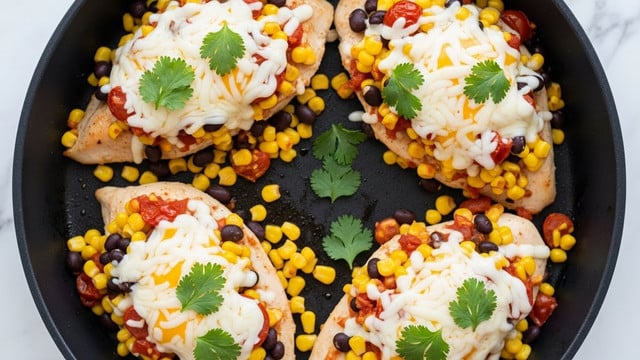 A black pan holds four pieces of baked chicken breasts covered with three layers: the first layer is the light golden brown cooked chicken, the second layer is a colorful mix of yellow corn kernels and black beans mixed with small red tomato pieces, and the third layer is melted white and yellow cheese spread thickly over the chicken and vegetable mix. Fresh green cilantro leaves are sprinkled on top, adding a leafy texture and bright color contrast. The pan is placed on a white marbled surface. photo taken with an iphone --ar 4:5 --v 7