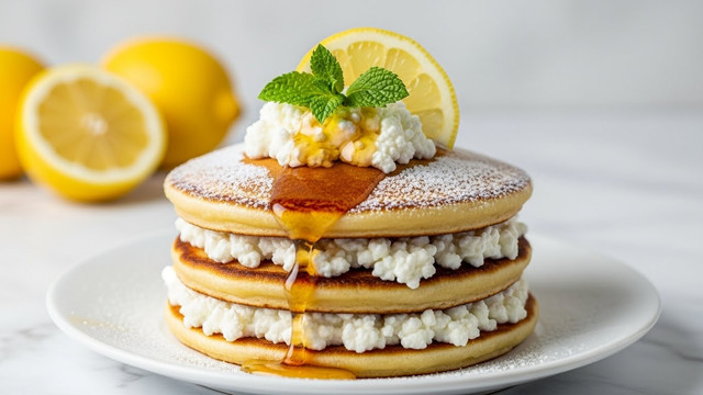 A stack of three golden-brown pancakes with a slightly crispy texture on the edges sits on a white plate, placed on a white marbled surface. Between the bottom and middle pancakes is a thick layer of white cottage cheese, and another layer of the same cheese is between the middle and top pancakes. The top pancake is lightly dusted with white powdered sugar. Golden syrup drips down from the second pancake, catching the light. On top of the stack is a dollop of cottage cheese, garnished with a fresh green mint leaf and a bright yellow lemon wedge leaning against it. In the blurred background, there are whole lemons. Photo taken with an iphone --ar 4:5 --v 7