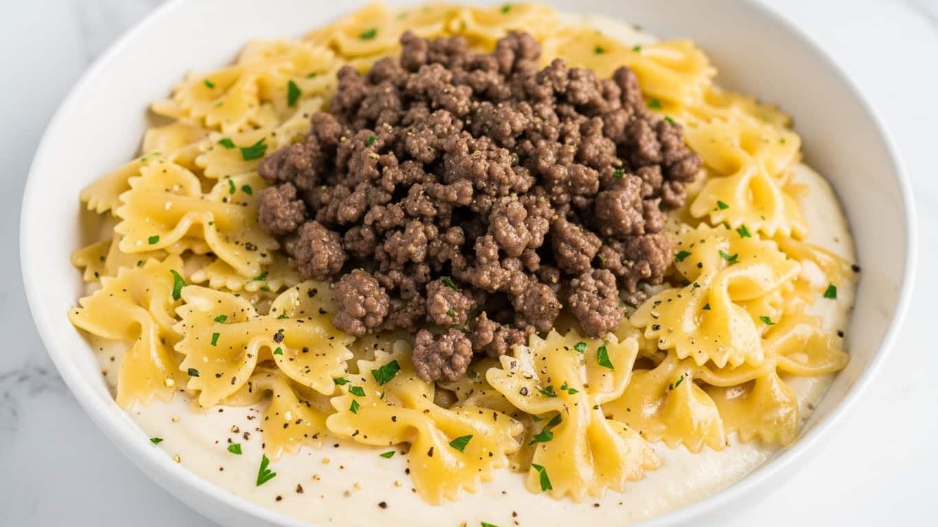 A white bowl filled with a creamy pasta dish featuring three main layers: the bottom layer of soft, smooth cream sauce, the middle layer of small, browned ground beef bits scattered throughout, and the top layer of yellow bow-tie pasta coated in the sauce. The pasta has a shiny, slightly glossy texture with a few freshly cracked black pepper specks and small green parsley pieces sprinkled over the entire dish, adding color contrast. The bowl sits on a white marbled surface. photo taken with an iphone --ar 4:5 --v 7