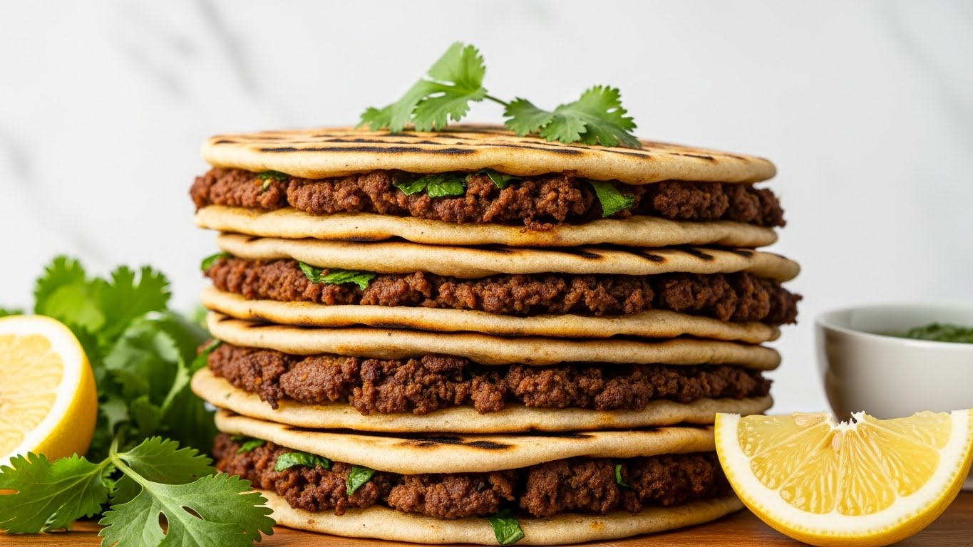 A stack of four folded quesadillas is shown, each cut in half and filled tightly with browned, slightly crispy ground meat mixed with small pieces of green herbs. The quesadilla tortillas are golden toasted with charred spots, looking soft but slightly crunchy on the edges. Fresh green cilantro leaves are scattered on top and around the stack. Two lemon wedges sit in the front right, with a small white bowl containing chopped herbs just behind one wedge. The whole scene is set on a wooden board placed on a white marbled surface. photo taken with an iphone --ar 4:5 --v 7