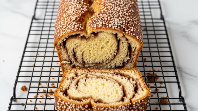 The image shows two thick slices of a marble cake loaf on a white marble surface. Each slice has three clear layers: the bottom and top layers are light golden brown with a soft, crumbly texture, and the middle layer is a creamy swirl of light beige and chocolate brown, creating a marbled pattern. The crust is slightly darker brown with a rough, crumbly topping. The cake looks fresh and moist, with sharp edges and a soft inside. Photo taken with an iphone --ar 4:5 --v 7