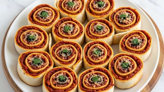 The image shows a white round plate filled with eleven small, round, spiral snack rolls arranged closely together in a circle. Each roll has three visible layers: the outer layer is a light golden brown, the middle layer is a rich reddish color with a smooth texture, likely a sauce or spread, and the innermost layer appears slightly darker with a textured topping that looks like melted cheese and small green herb leaves scattered on top. The rolls have a slightly crispy edge with a soft interior. The plate is placed on a wooden board, and the background is a white marbled texture. photo taken with an iphone --ar 4:5 --v 7