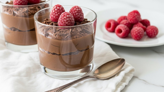 Two clear glass cups hold a dessert with two layers: a thick, dark brown chocolate pudding at the bottom, and finely shaved dark chocolate scattered on top. Bright red raspberries dusted lightly with frost sit on the shaved chocolate, adding a pop of color. In front of the closest cup is a silver spoon with a slightly worn look resting on a white fabric. To the right, a white plate holds a few extra raspberries. The whole scene is set on a white marbled surface. photo taken with an iphone --ar 4:5 --v 7