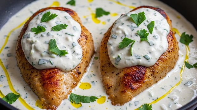 Three grilled chicken breasts with visible golden-brown char marks are covered in a creamy, light yellow sauce speckled with small green herbs. The sauce pools around the base of each chicken piece, adding a glossy texture. The dish is served in a white bowl, set on a white marbled surface with a softly blurred kitchen background. photo taken with an iphone --ar 4:5 --v 7