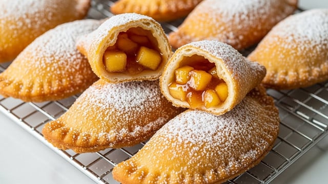 A close-up shows several golden-brown fried pastries dusted with white powdered sugar, resting on a silver cooling rack set on a white marbled surface. Two pastries are cut open and placed on top, revealing a glossy, chunky apple filling in warm amber and yellow tones with a syrupy texture inside the crispy, bubbly outer shell. The pastries have a slightly curved, irregular shape with a textured, crunchy exterior. photo taken with an iphone --ar 4:5 --v 7