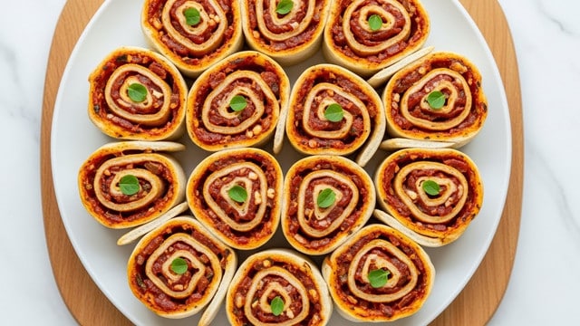 The image shows a round white plate filled with ten pizza rolls arranged in a close circle. Each roll has a golden-brown outer layer with a slightly crispy texture, rolled tightly to reveal a spiral inside. The spiral layers alternate between light brown dough and a reddish tomato sauce mixed with bits of browned cheese and small green herb leaves on top of each roll. The plate is placed on a light brown wooden board, all set on a white marbled surface. photo taken with an iphone --ar 4:5 --v 7