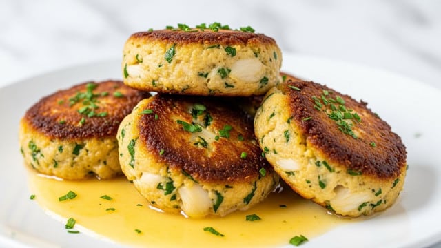 The image shows four round, golden-brown crab cakes stacked on a white plate, each with a slightly crispy and shiny top layer sprinkled with bright green chopped herbs. The crab cakes have a textured, moist inside with bits of green herbs visible throughout. They sit in a shallow pool of glossy, light yellow sauce that adds a smooth and shiny base layer. The background is a white marbled texture. Photo taken with an iphone --ar 4:5 --v 7