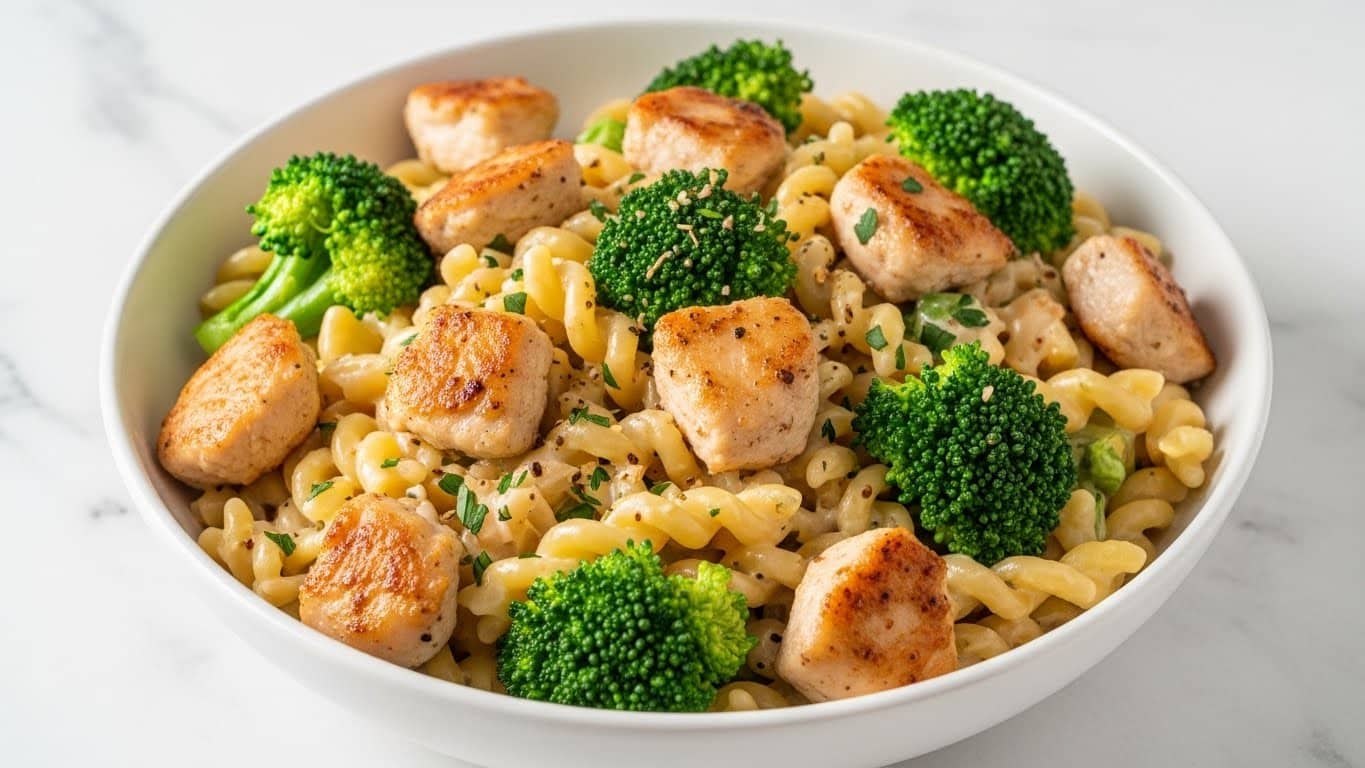 The image shows a white bowl filled with a creamy pasta dish that has twisted noodles mixed with pieces of cooked chicken and bright green broccoli florets. The chicken pieces are light brown with a slightly crispy look, scattered evenly on top and throughout the dish. The noodles are coated in a smooth, shiny cream sauce, making them look soft and tender. Small bits of herbs are sprinkled on top, adding a touch of green color. The bowl sits on a white marbled surface, creating a clean and fresh background. photo taken with an iphone --ar 4:5 --v 7