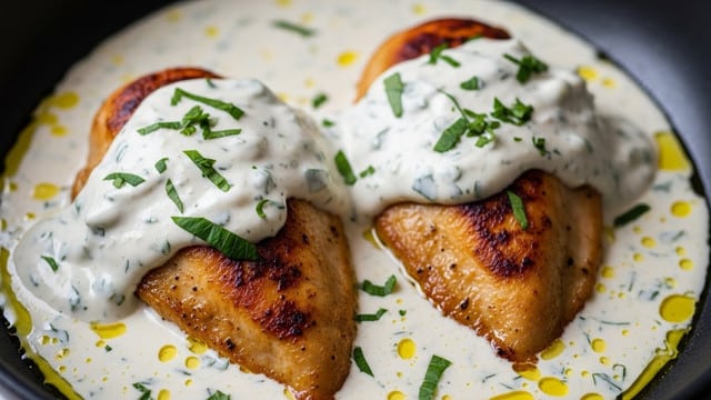Two pieces of golden brown cooked chicken sit side by side in a black pan. Each piece is topped with a thick, creamy white sauce that has green herbs mixed in and scattered on top. The sauce pools around the chicken in the pan, its smooth texture speckled with fresh chopped green herbs. The chicken's skin looks crispy with a slight char, and the sauce glistens under soft light, with droplets of oil visible around the edges. The background is blurry, placing full focus on the richly colored chicken and sauce. photo taken with an iphone --ar 4:5 --v 7