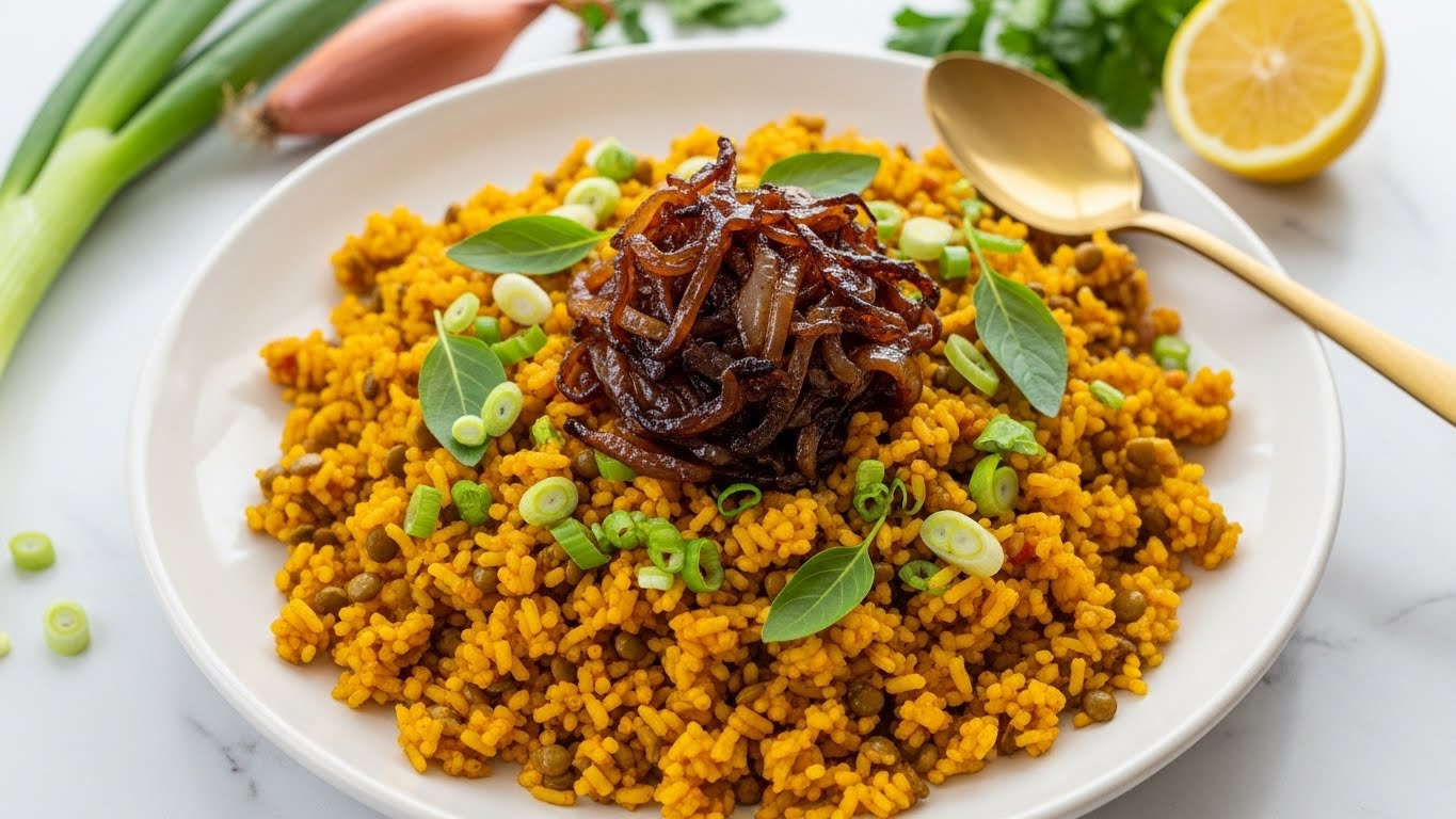 A large white bowl full of a cooked grain dish with yellow-orange rice mixed with small green lentils spread evenly throughout. In the center, there is a layer of caramelized onions with a dark brown, shiny texture. On top of and around the onions are scattered slices of fresh, light green scallions and small pieces of chopped green herbs. The grains and lentils have a fluffy texture with a slight shine from the oil or sauce used. A gold spoon rests on the right side, partially scooping the grains. The bowl sits on a white marbled surface with an onion partially visible on the left and some fresh green scallions at the bottom left corner. A dark blue cloth and a small container with yellow spice are partly seen on the bottom right. Photo taken with an iphone --ar 4:5 --v 7