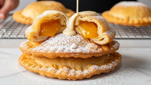 The image shows a close-up of three golden brown, crispy fried pastries stacked on top of each other on a white marbled surface. The bottom layer has two folded pastries with a slightly rough and bubbly texture, dusted with powdered sugar, giving them a snowy white coating. On top of these is a third pastry, cut in half to reveal a glossy, golden yellow fruit filling inside, likely peach or apricot, with a thick syrupy texture. A thick stream of creamy white sauce is being poured over the top pastry, adding a smooth contrast to the crunchy texture of the pastry. The whole setup is on a metal wire rack, and a woman's hand is barely visible holding the rack in the background. photo taken with an iphone --ar 4:5 --v 7