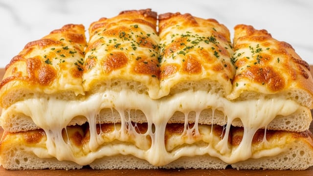 A white plate holds several slices of a cheesy garlic flatbread arranged in a circle. The flatbread has one visible layer of golden-browned melted cheese topped with small green herb bits scattered across the surface. The crust is thin and lightly browned, and the cheese stretches slightly between the separated slices, showing its gooey texture. The plate rests on a white marbled surface. photo taken with an iphone --ar 4:5 --v 7
