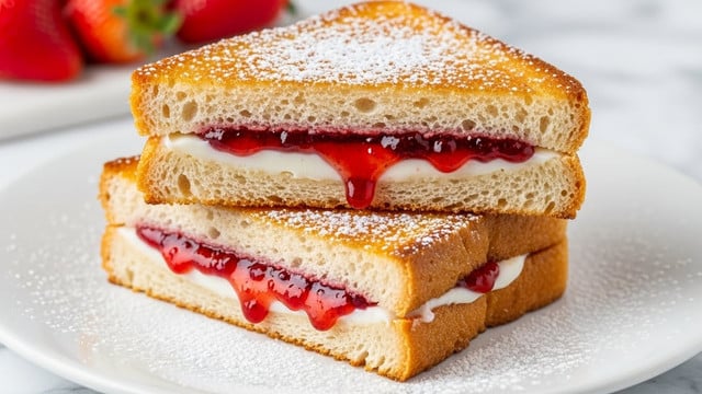 Two pieces of toasted sandwich are stacked on a white plate with powdered sugar lightly dusted on top and around. Each sandwich has three layers: the top and bottom layers are golden-brown toasted bread with a slightly crispy texture; the middle layers consist of a white creamy spread and a bright red jam, both evenly spread, with the jam appearing glossy and slightly dripping. In the blurred background, there are fresh red strawberries on a white marbled surface. photo taken with an iphone --ar 4:5 --v 7