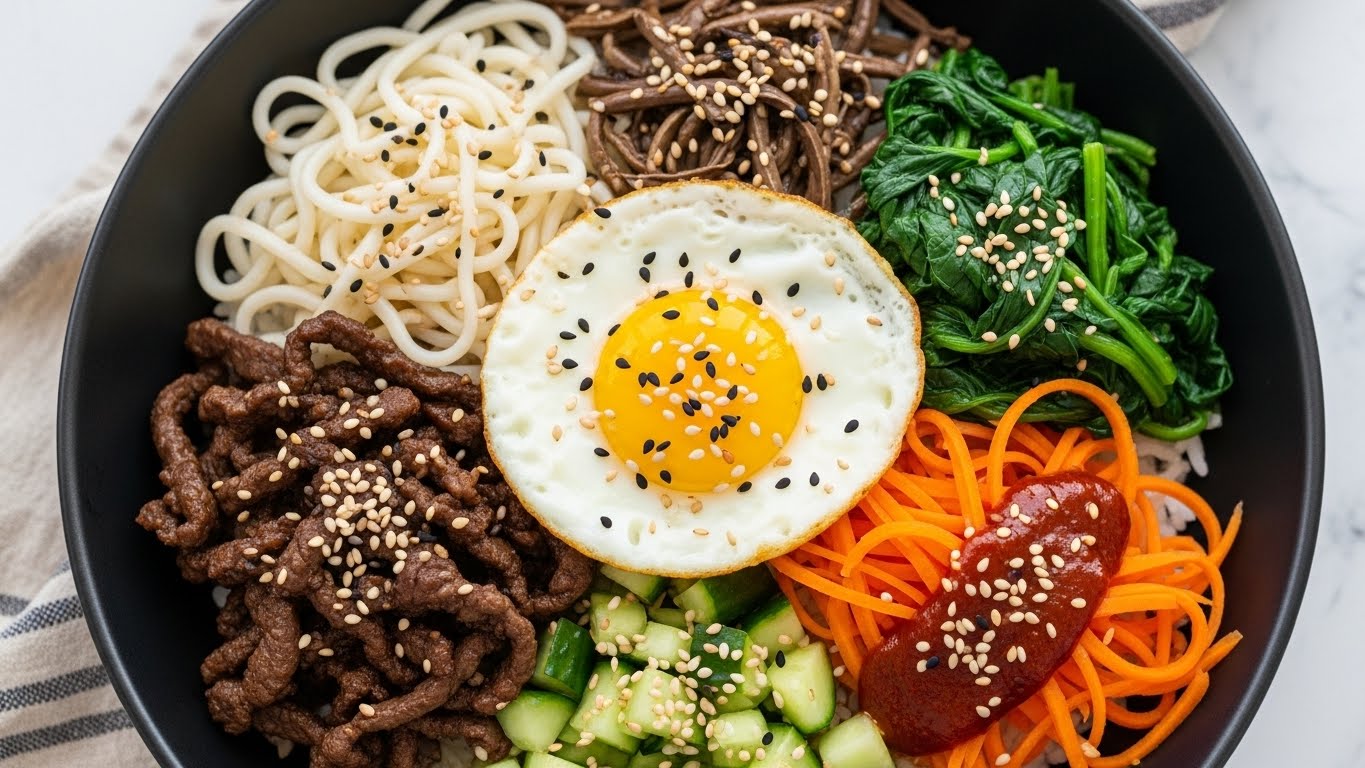 A black bowl filled with a colorful bibimbap arranged in distinct sections over a base of white rice. Starting from the bottom right, there are thin orange carrot strips topped with a red sauce sprinkled with white sesame seeds. Moving clockwise, bright green cooked spinach with a slightly glossy texture also topped with sesame seeds. In the center, a sunny-side-up egg with a bright yellow yolk and white sprinkled with black and white sesame seeds. Next, white noodles with a smooth, soft texture at the top left. Below the noodles, there are dark brown cooked strips of beef with a slightly shiny surface, resting near small diced green cucumbers. The bowl sits on a white marbled surface with a striped cloth partially visible. photo taken with an iphone --ar 4:5 --v 7