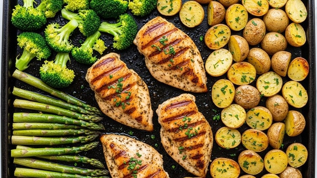 The image shows a baking tray filled with four browned and herb-seasoned grilled chicken breasts placed in the center, surrounded by small, halved golden baby potatoes on the right side, some with a crispy skin and herbs sprinkled on top. On the left side, there are vibrant green roasted asparagus spears arranged in a row, and bright green broccoli florets scattered near the top edge. The tray has a dark cooking surface, and the whole meal has a fresh, well-cooked look with specks of minced herbs on the chicken and potatoes. The background is a white marbled texture. Photo taken with an iphone --ar 4:5 --v 7