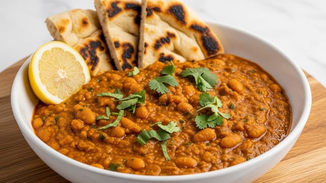 A white bowl filled with a thick, orange-brown stew made of beans and herbs, showing a slightly oily surface texture with visible whole beans and green chopped cilantro sprinkled on top. Three pieces of toasted flatbread are tucked on the upper edge of the bowl, showing browned char marks and soft texture. A small wedge of lemon is placed on the left side of the bowl, partially resting on the stew. The bowl sits on a round wooden board against a white marbled textured background. photo taken with an iphone --ar 4:5 --v 7