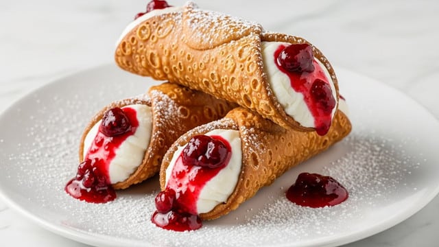 Three golden brown, crispy cannoli shells are stacked on a white plate, each filled with smooth, creamy white ricotta cheese. A shiny, deep red berry sauce with visible chunks is oozing from both open ends of the cannoli, adding a vibrant contrast. The shells have a bubbly, crunchy texture with a light dusting of powdered sugar on top and scattered around the plate. The white plate sits on a white marbled surface, making the warm colors of the dessert stand out. photo taken with an iphone --ar 4:5 --v 7