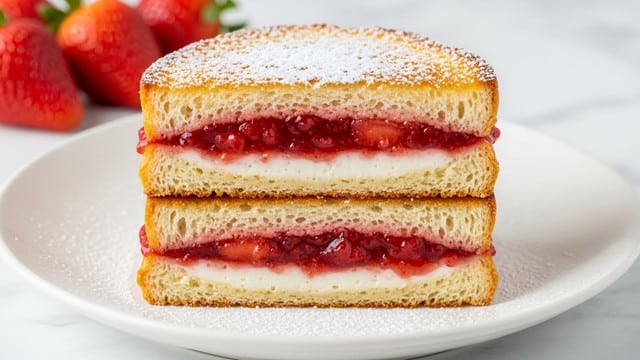 The image shows two stacked sandwich halves on a white plate with powdered sugar dusted on top. Each sandwich has three visible layers: the top and bottom are golden-brown toasted bread with a slightly crispy texture, the middle layers consist of a bright red, slightly chunky strawberry jam and a smooth white cream layer beneath the jam. In the background, out of focus, there are red strawberries adding a fresh touch. The white plate sits on a white marbled surface. photo taken with an iphone --ar 4:5 --v 7