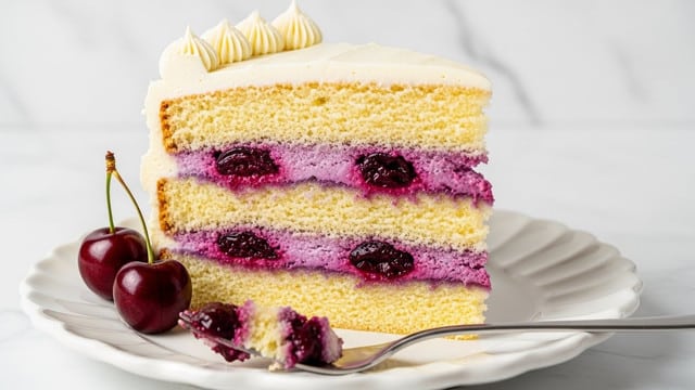 A slice of three-layer light yellow sponge cake with two layers of dark purple cherry filling mixed with cream cheese filling is placed on a white scalloped plate, showing soft and moist texture. The top of the cake has a thick smooth layer of cream cheese frosting with dollops along the edge. Two dark whole cherries rest at the side of the cake slice near the top left, adding a fresh touch. A silver fork with crumbs and purple filling is placed at the bottom edge of the plate. The background has a soft white marbled texture. photo taken with an iphone --ar 4:5 --v 7