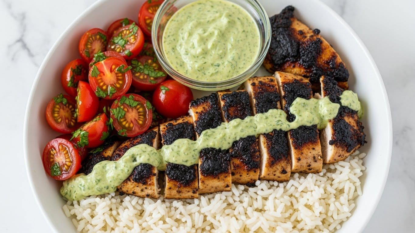 A white bowl filled with three main layers: the bottom layer is white rice with a soft texture, the middle layer features grilled chicken pieces with dark char marks and green herbs sauce drizzled on top, and the side layer has bright red cherry tomato halves mixed with chopped green herbs. A small clear glass bowl with a creamy green herb sauce sits on top near the tomatoes. The background shows a white marbled texture. photo taken with an iphone --ar 4:5 --v 7