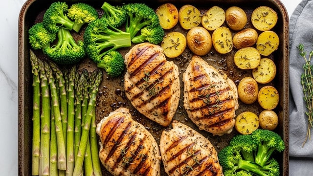 The image shows a roasting pan filled with four browned, grilled chicken breasts seasoned with herbs on the right center side. On the left side of the pan are several green asparagus spears, and at the top right and bottom right are roasted small yellow potatoes, some whole and some cut in half, with a slightly crispy skin and sprinkled herbs. Bright green broccoli florets are placed around the chicken and potatoes, adding color contrast. The pan sits on a white marbled surface, and a gray cloth with a small sprig of herbs is visible to the right. The lighting highlights the textures, making the chicken look juicy and the vegetables fresh. photo taken with an iphone --ar 4:5 --v 7
