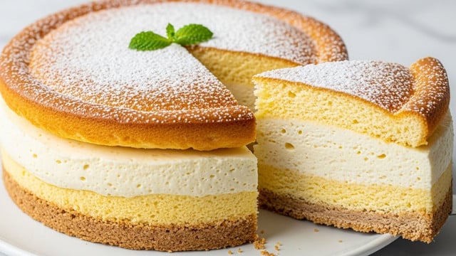 A soft, fluffy cake with three visible layers is shown: the top layer is a golden-brown crust lightly dusted with white powdered sugar and decorated with a small green mint leaf in the center; the middle layer is thick and creamy with a pale yellow, airy texture; the bottom layer is a thin, crumbly light brown crust. The cake is placed on a white plate with a white marbled texture underneath. A slice is cut out from the side showing all layers clearly. Photo taken with an iphone --ar 4:5 --v 7