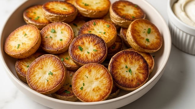 The image shows a black serving tray filled with many slices of golden-brown roasted zucchini, each slice showing light grill marks and a slightly crispy texture. The zucchini pieces are arranged around a small white bowl filled with creamy orange dipping sauce, with a smooth and thick texture. The tray sits on a white marbled surface, enhancing the warm colors of the zucchini and sauce. photo taken with an iphone --ar 4:5 --v 7