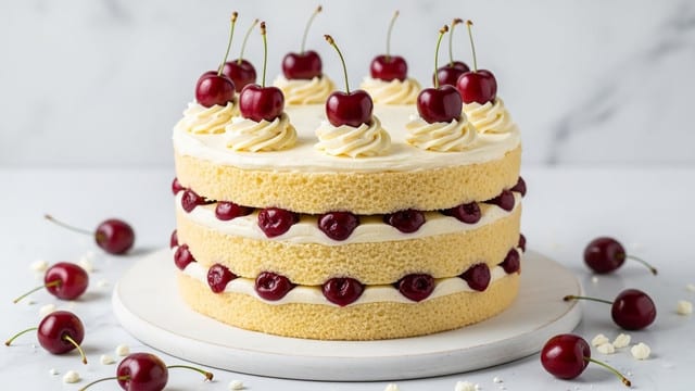 The image shows a three-layer vanilla sponge cake with thick layers of cream and dark red cherry filling between each sponge layer, making the inside colorful and rich. The outside is smooth with light cream frosting covering the whole cake. On top, there are dollops of cream evenly spaced, each holding a shiny dark cherry with green stems, placed on a round white wooden board against a white marbled texture surface. Scattered around are loose cherries and small white pieces, adding to the fresh, natural look. Photo taken with an iphone --ar 4:5 --v 7