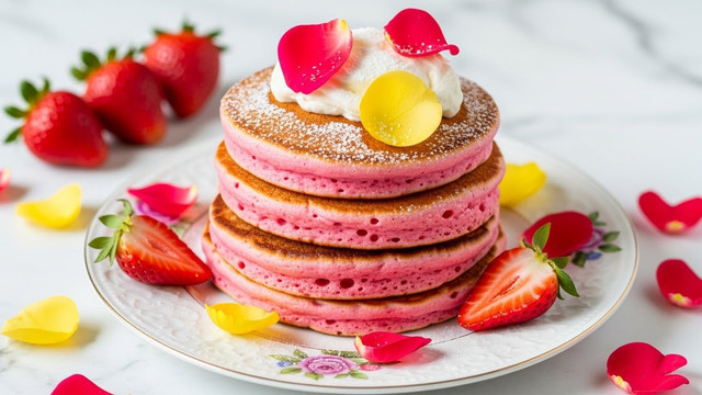 A stack of four fluffy pink pancakes with golden-brown spots sits on a white plate with a floral pattern. The pancakes have a soft, airy texture with small holes visible on the sides. On top of the stack is a dollop of white whipped cream, sprinkled with light powdered sugar and decorated with bright pink and yellow rose petals. Around the plate, there are sliced red strawberries and extra rose petals, all placed on a white marbled surface. photo taken with an iphone --ar 4:5 --v 7