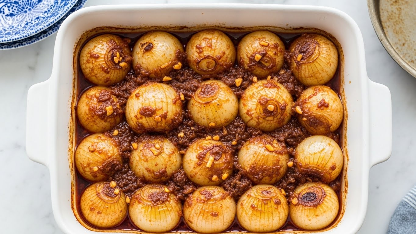 The dish is a white rectangular baking dish filled with two layers of cooked onions in a rich brown sauce with visible bits of spices and garlic. The onions are whole, soft, and shiny, sitting close together in the sauce that fills the dish evenly, giving it a moist texture with a slightly oily surface. The onions are light golden-brown and translucent, with some darker caramelized spots, covered in the spiced sauce that pools around them. The background is a white marbled surface with parts of a blue patterned item and a metal pan partially visible nearby. photo taken with an iphone --ar 4:5 --v 7