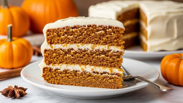 A close-up of a three-layer pumpkin cake slice on a white plate, each layer has a moist, crumbled orange-brown texture separated by thin smooth white cream cheese frosting layers, the top also coated with the same frosting. The background features blurred pumpkins in orange shades, and the surface is a white marbled texture with a small decorative mini pumpkin and a star anise near the plate. The scene has warm lighting giving a cozy feeling. photo taken with an iphone --ar 4:5 --v 7