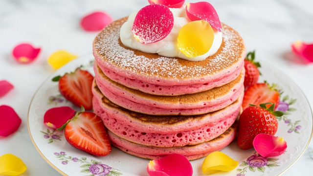 A stack of five pink pancakes sits centered on a white plate with a colorful, floral design around its rim. Each pancake layer is thick, fluffy, and evenly cooked, with small blueberries peeking through the stack. On top of the pancakes, there is a dollop of white whipped cream, sprinkled lightly with powdered sugar, and decorated with a few bright purple and yellow edible flowers. Around the plate, several sliced strawberries add a fresh red accent. The scene is set on a white marbled surface. Photo taken with an iphone --ar 4:5 --v 7