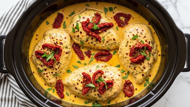 A slow cooker filled with four large chicken breasts covered in a thick, creamy yellow sauce that has herbs mixed throughout. On top of the chicken, there are pieces of sun-dried tomatoes in a rich red color scattered evenly, with some small green herb leaves sprinkled over all. The creamy sauce has a smooth texture with specks of red chili flakes and herbs visible, surrounding the chicken pieces closely. The slow cooker is black and shiny, sitting on a white marbled surface with a striped cloth partially visible to the side. photo taken with an iphone --ar 4:5 --v 7