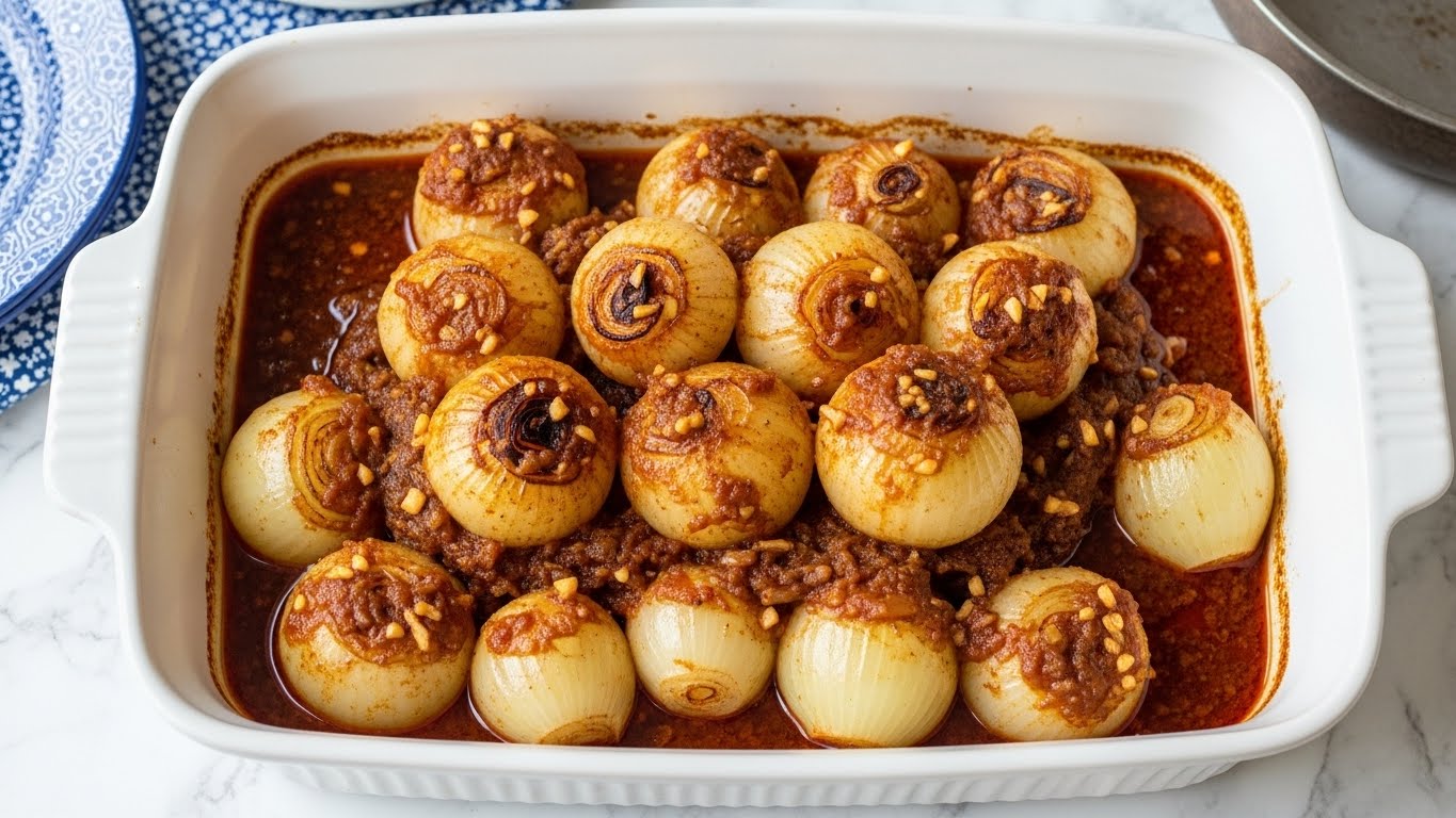 A close-up view of a black pan filled with one layer of golden-brown glazed stuffed peppers arranged tightly in a circle, all covered with a shiny, rich sauce that has dark streaks creating a striped pattern on each pepper. A woman's hand holds the pan at the top, wearing a silver ring, while the pan is supported at the bottom by another woman's hand. The black pan contrasts with the warm colors of the peppers and sauce, set against a soft white marbled background. photo taken with an iphone --ar 4:5 --v 7