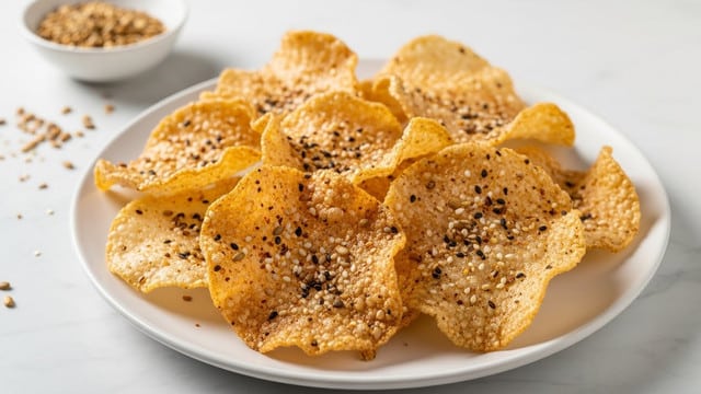 The dish shows a white plate filled with several large, thin, crispy chips that are translucent with golden brown edges and sprinkled with small seeds and spices. The chips are piled loosely, showing their uneven, crunchy texture and some curl upwards. Scattered around the plate and a little off to the side on the white marbled surface are more seeds in a small, white bowl in the background, slightly out of focus. photo taken with an iphone --ar 4:5 --v 7