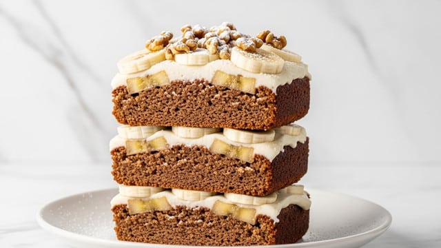 A stack of three banana cake slices on a white plate, each slice has a brown crust with a soft, light beige inside. Each layer is topped with a smooth, creamy white frosting. On top of the frosting are thin banana slices and small pieces of walnuts, with a light sprinkle of powdered sugar adding a dusted effect. The background features a white marbled texture, creating a clean and bright setting. photo taken with an iphone --ar 4:5 --v 7