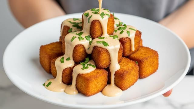 A white plate holds about fifteen golden-brown fried cubes stacked in a small pile, each piece with a slightly crispy exterior and soft texture inside. Light tan creamy sauce is poured over the cubes, dripping down their sides, and small pieces of chopped green herbs are sprinkled evenly on top and on the sauce. The plate is held by a woman's hand, and the background is blurred with a white marbled texture visible at the bottom edge. photo taken with an iphone --ar 4:5 --v 7